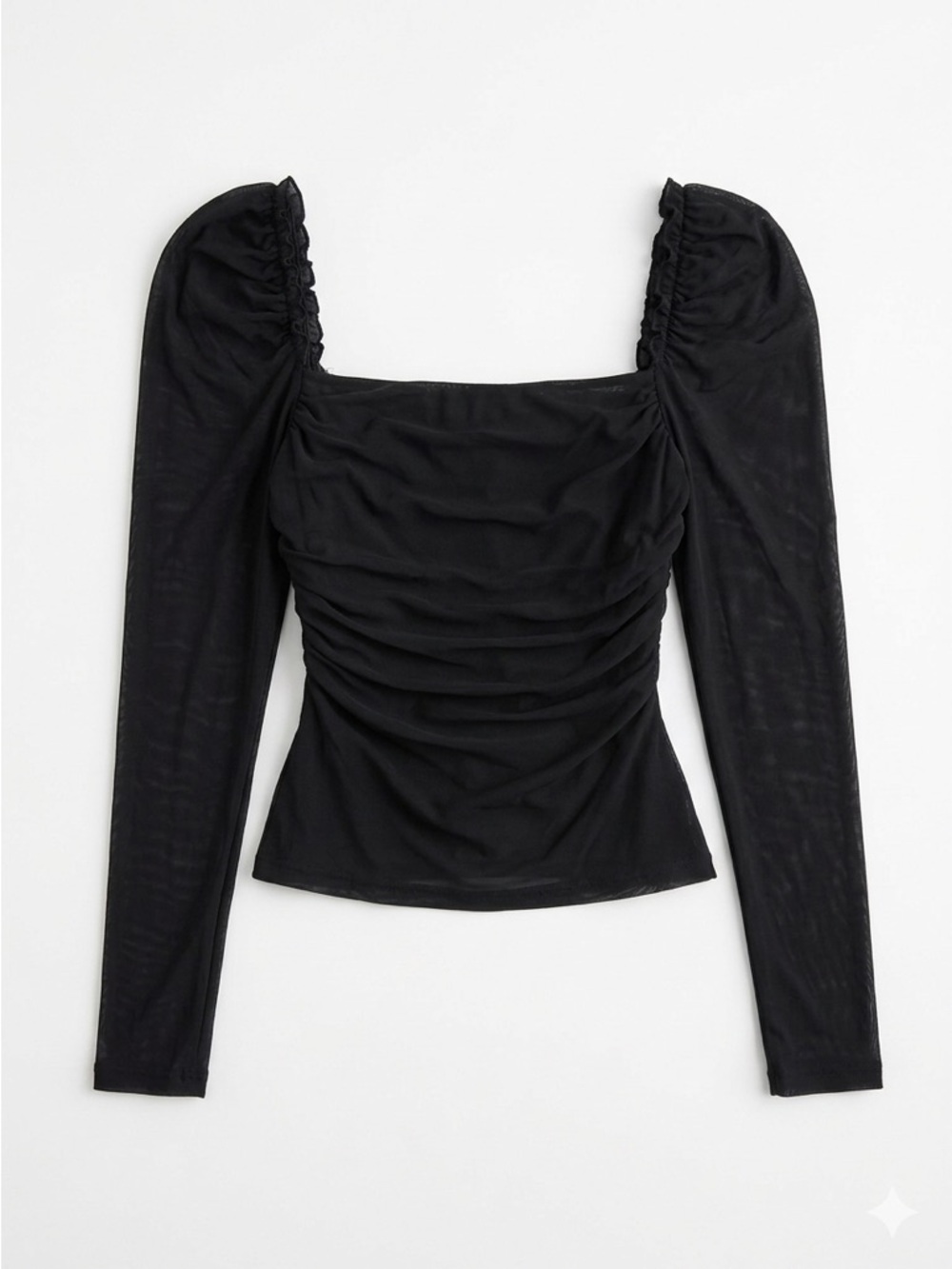 SHEIN Romantic Goth Ruched Mesh Long Sleeve Puff Blouse Black Whimsigoth Sz L